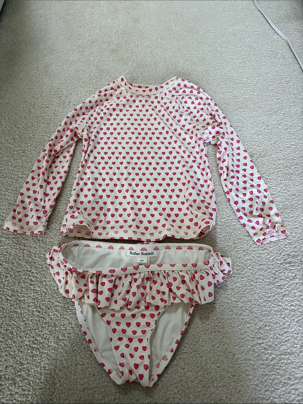 Roller Rabbit Pink & White Heart Long-Sleeve Swim Top with Ruffle Bottom